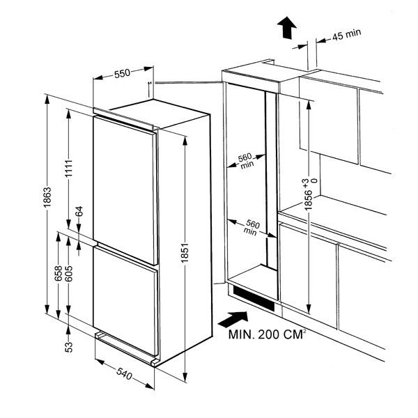 Procedura de instalare pentru un frigider incorporabil.