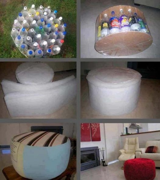 DIY ottoman na ginawa mula sa mga plastik na bote nang sunud-sunod