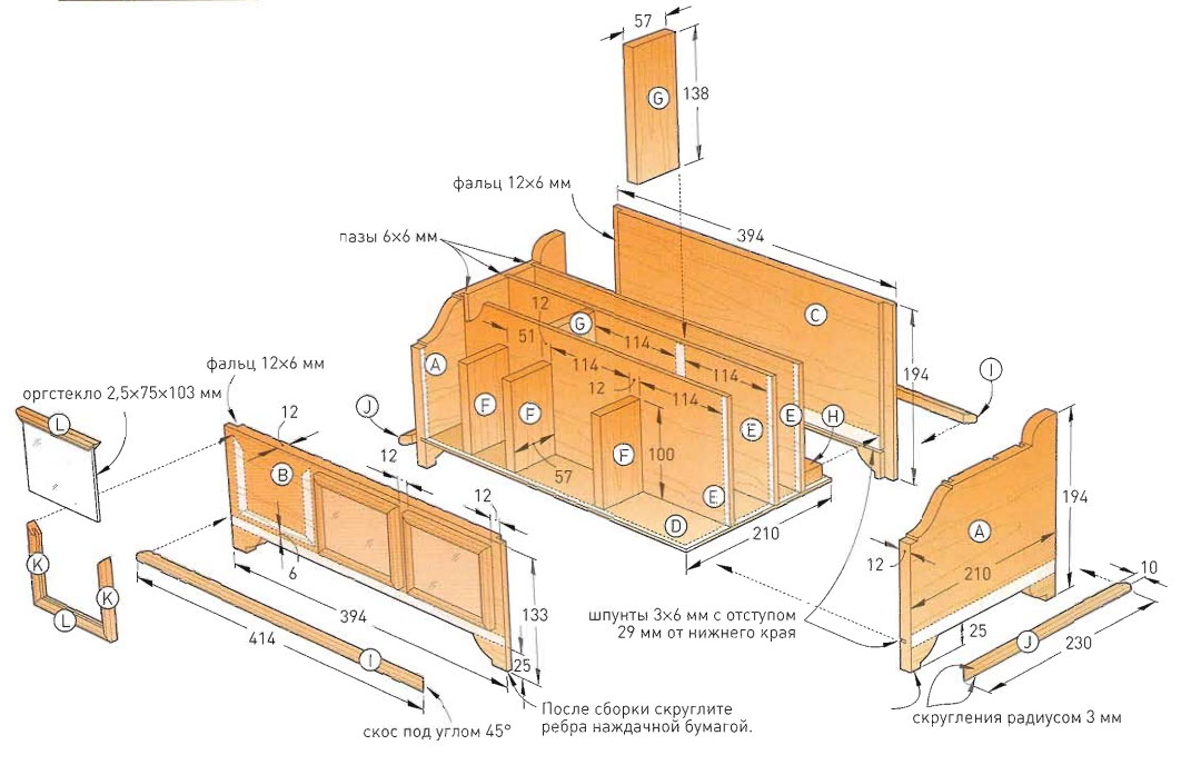 Schema di montaggio di una cassettiera per cosmetici