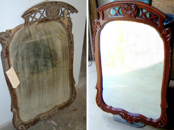 Transformation of an old mirror after restoration.