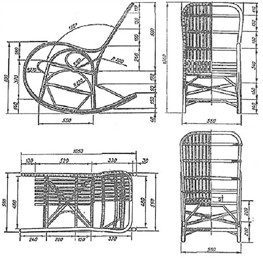 Diagram van een metalen schommelstoel.