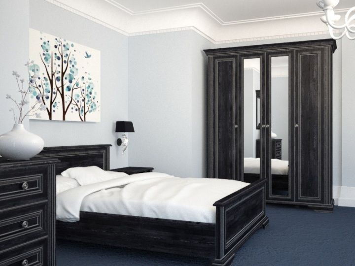 Conception de chambre à coucher avec des meubles sombres