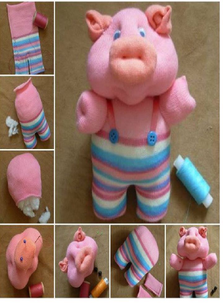 Étapes de fabrication d'un cochon à partir de collants pour enfants.