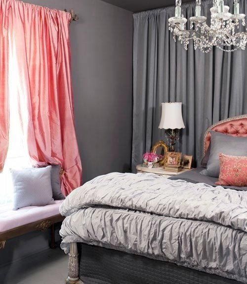 Pink curtains for a gray bedroom.