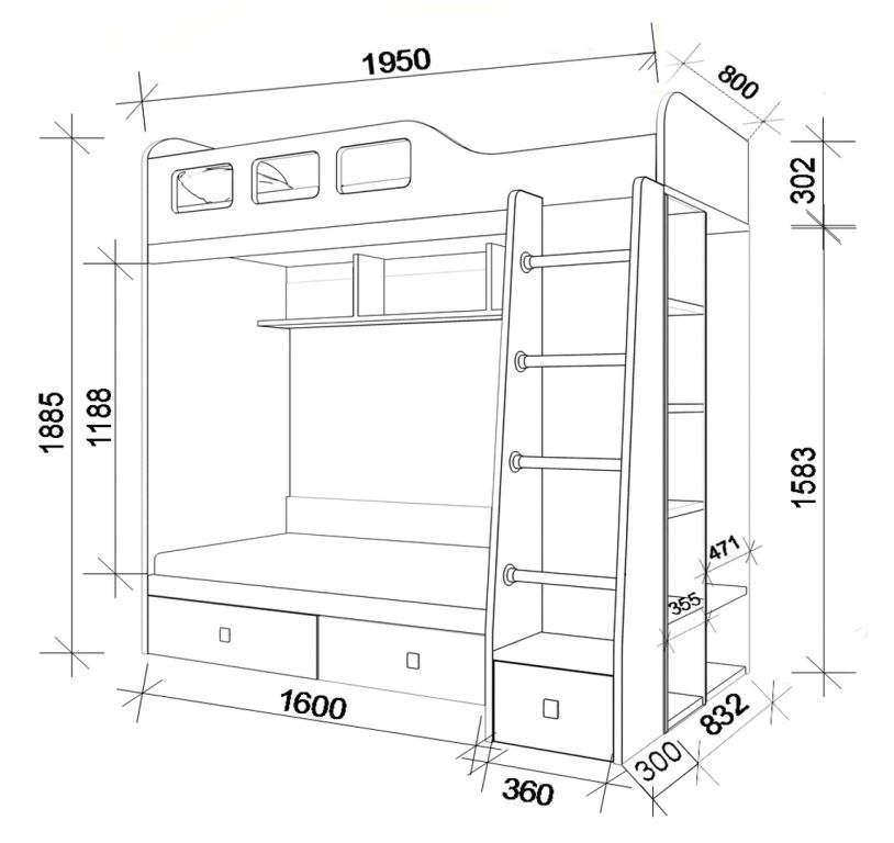 Schema di un letto a castello con cassetti.