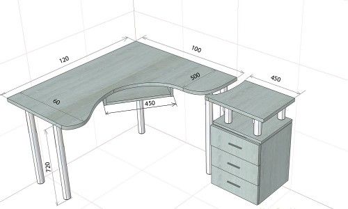 Diagram av et hjørne datamaskinbord.