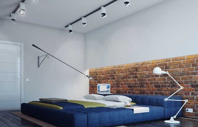 Blue bed in loft style.