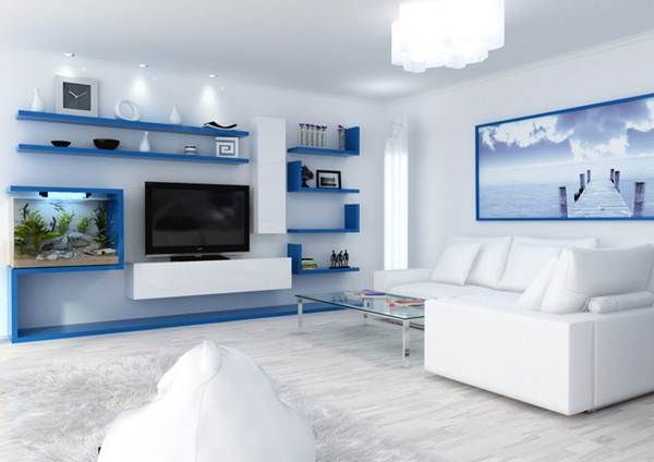 Intérieur blanc et bleu.