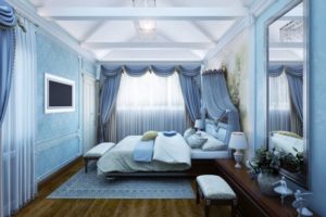 bedroom design in shades of gray and blue