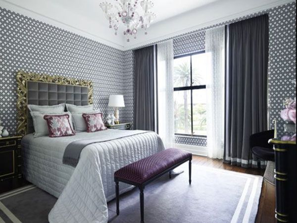 gray curtains in the bedroom interior