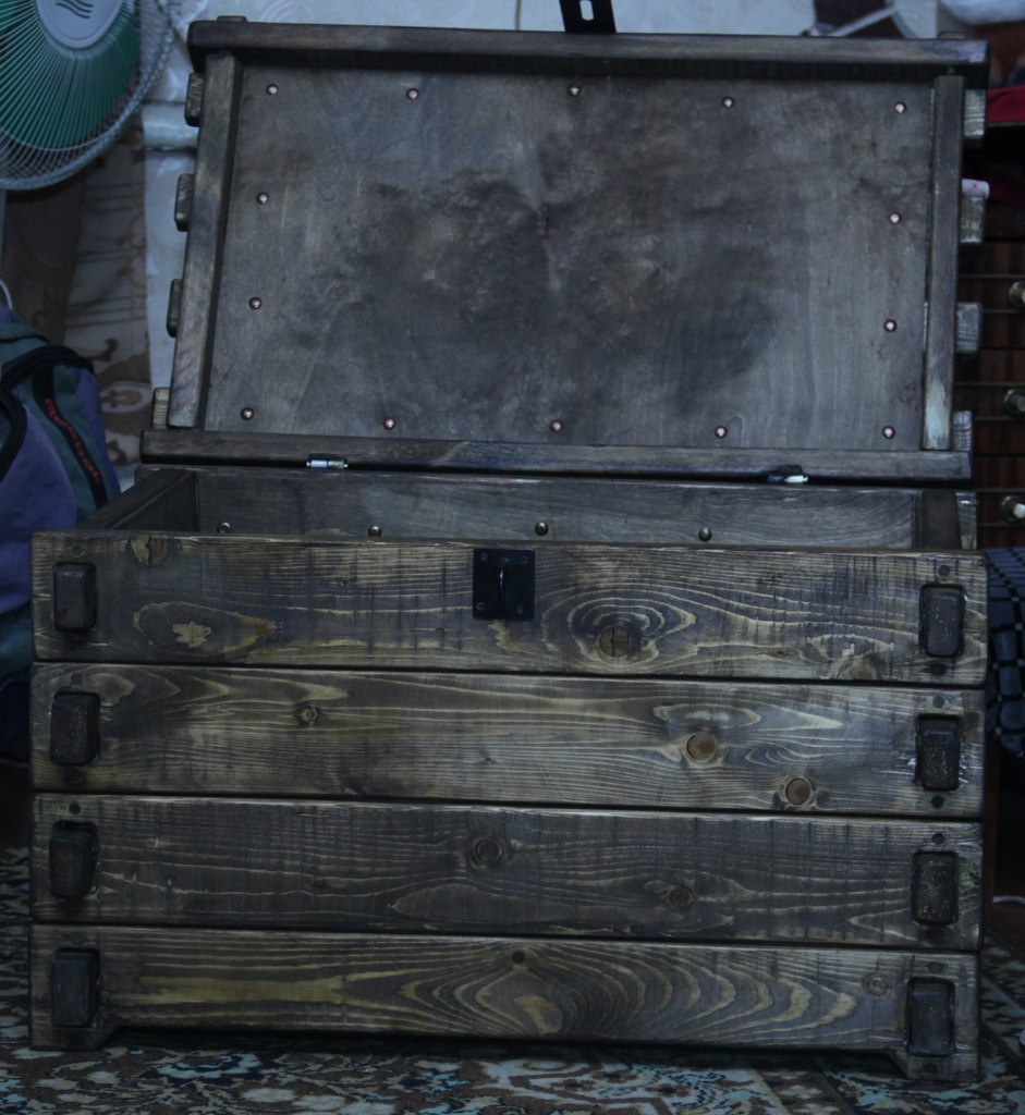 A chest varnished in a pirate style.