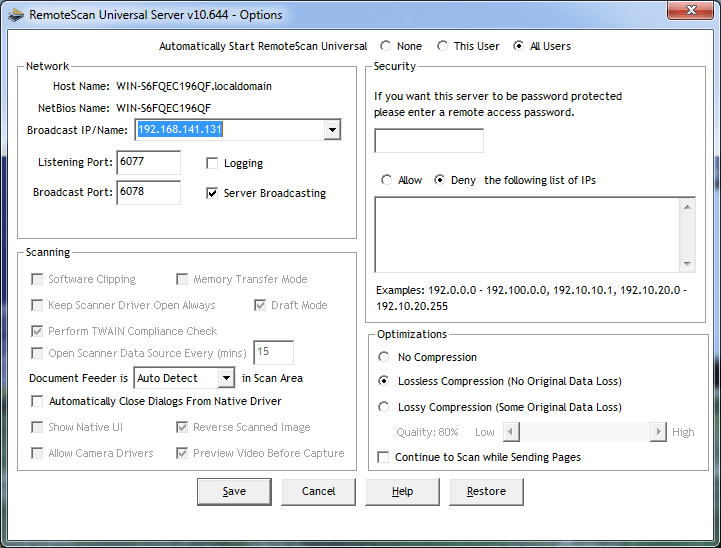 Παράθυρο προγράμματος REMOTESCAN.