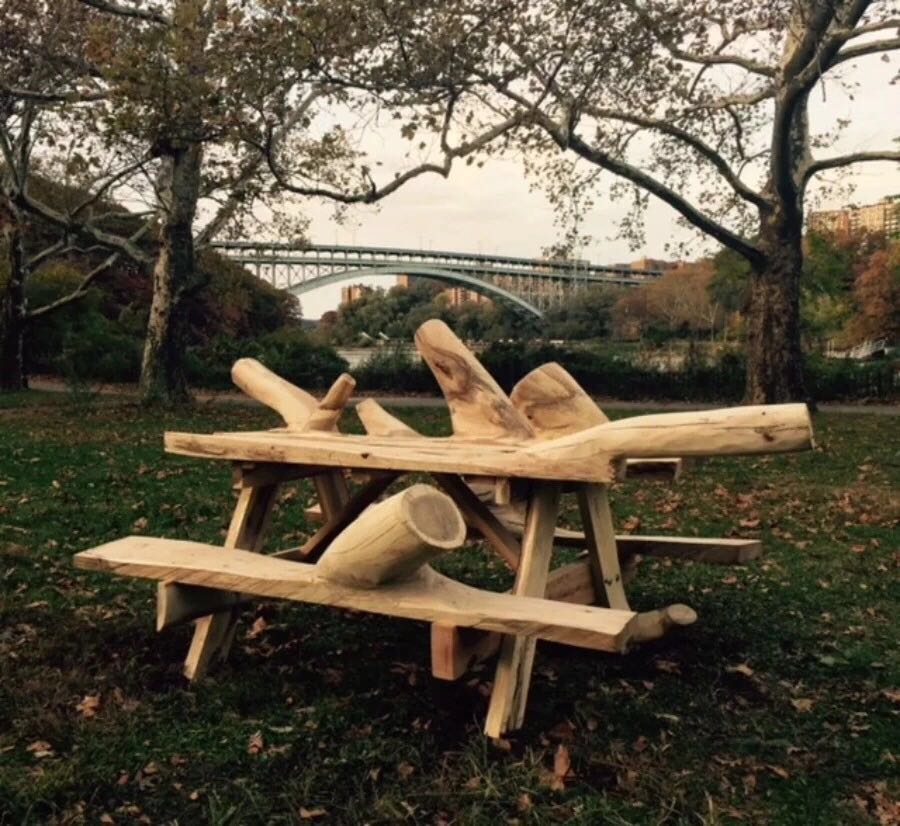 Table and bench by Hugh Hayden.