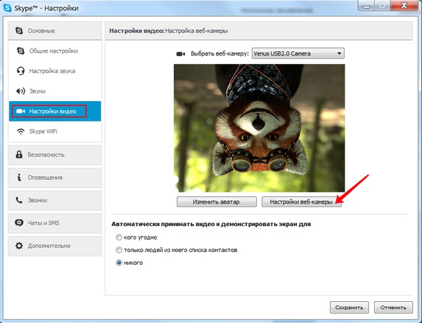 Kameros nustatymai Skype.