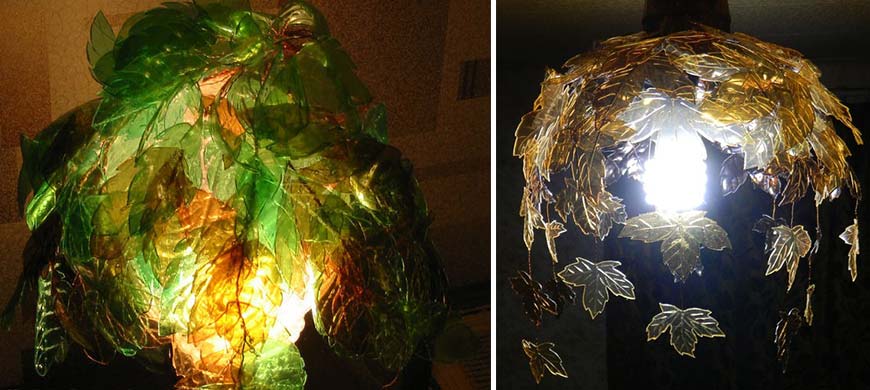 Chandelier made of plastic leaves.