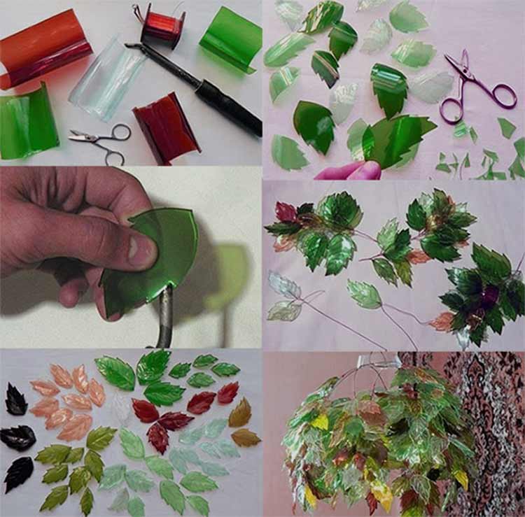 Feuilles de bouteilles en plastique pour un lustre.