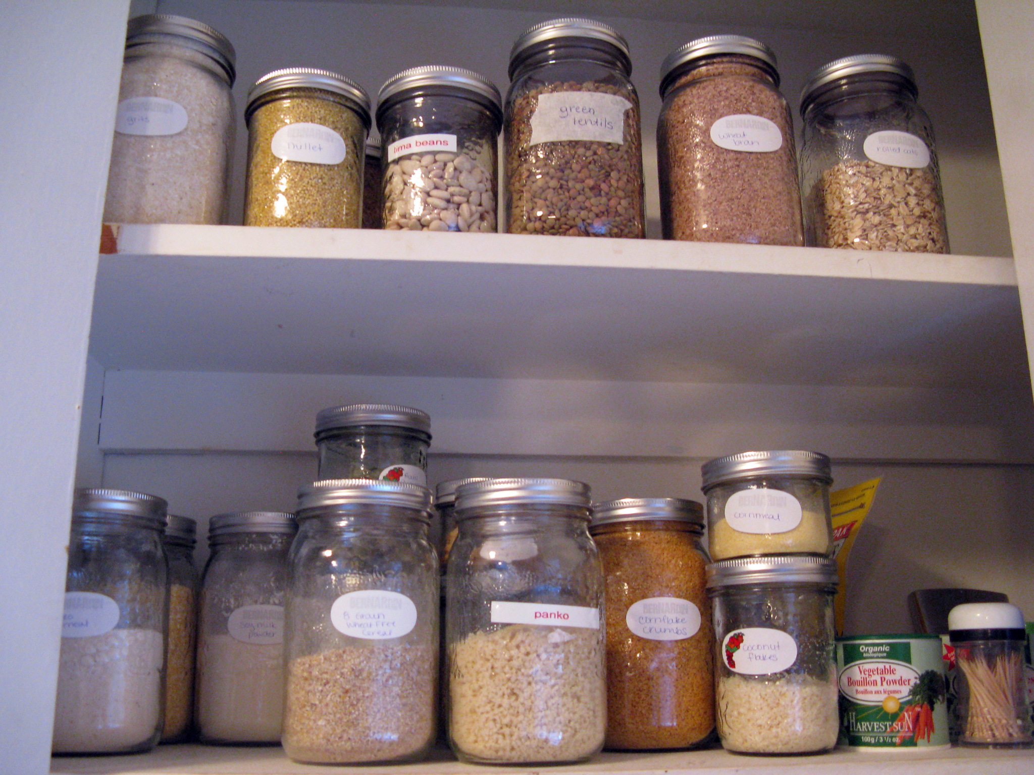 Groceries sorted into different jars